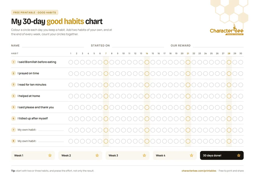 Preview of the 30-day good habits chart
